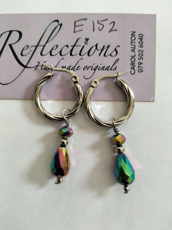 Stainless Steel rope 20mm hoops w multi-colour crystal drops. E152