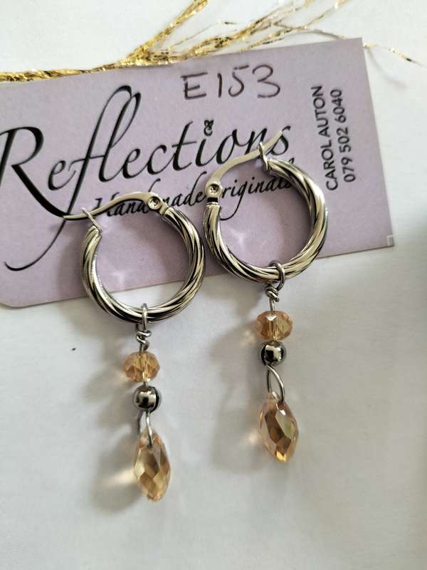 St Steel rope 20mm hoops w Swarovski crystal drops. E153