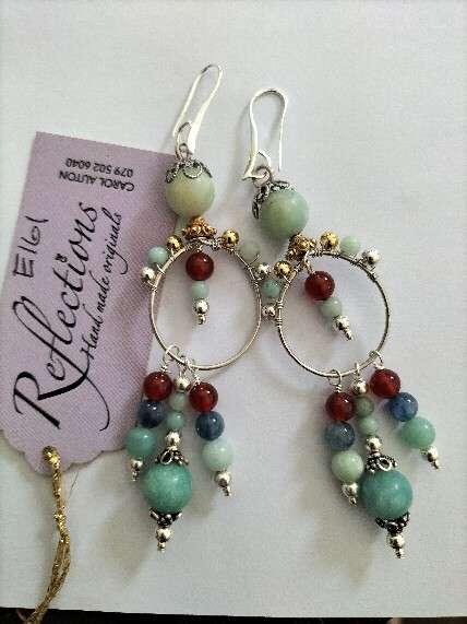St Silv hoops w Blue Kyanite, Carnelian & Amazonite. E161