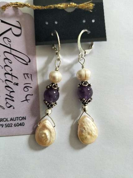 Sterling silver baroque pearl / amethyst earrings