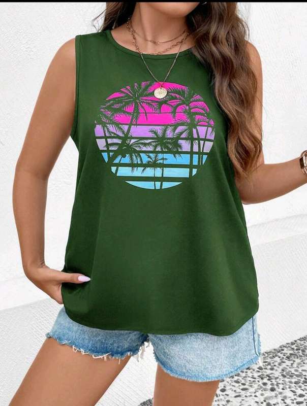 Army Green print tank top : 1XL