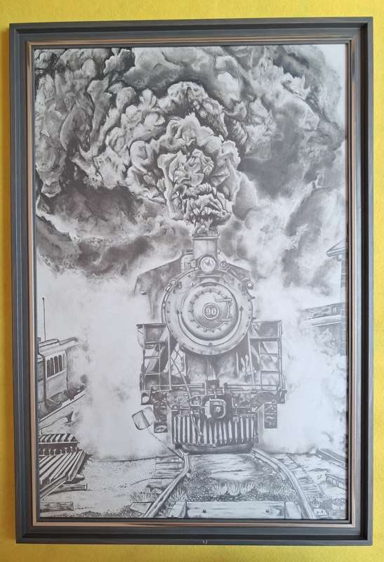 Steam locomotive. Large. Original mixed media charcoal and pencil sketch