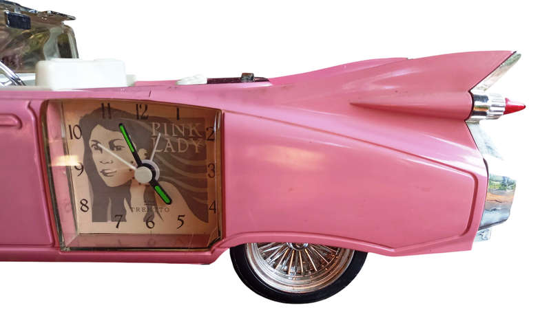 VINTAGE ELVIS PINK CADILLAC CAR- ELVIS  STYLE ALARM CLOCK -ALARM WITH LIGHTS/MUSIC- ALL WORKING