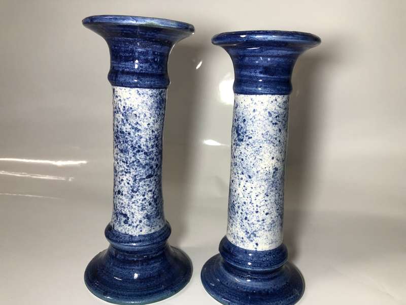 2 BLUE AND WHITE POTTERY CANDLESTICKS HOLDERS - SIGNED THE POTTER