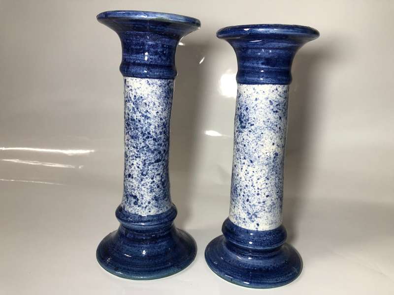 2 BLUE AND WHITE POTTERY CANDLESTICKS HOLDERS - SIGNED THE POTTER