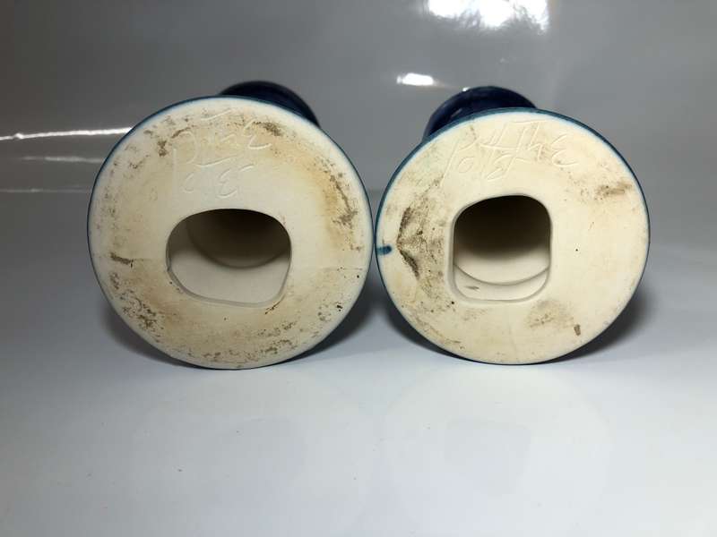 2 BLUE AND WHITE POTTERY CANDLESTICKS HOLDERS - SIGNED THE POTTER