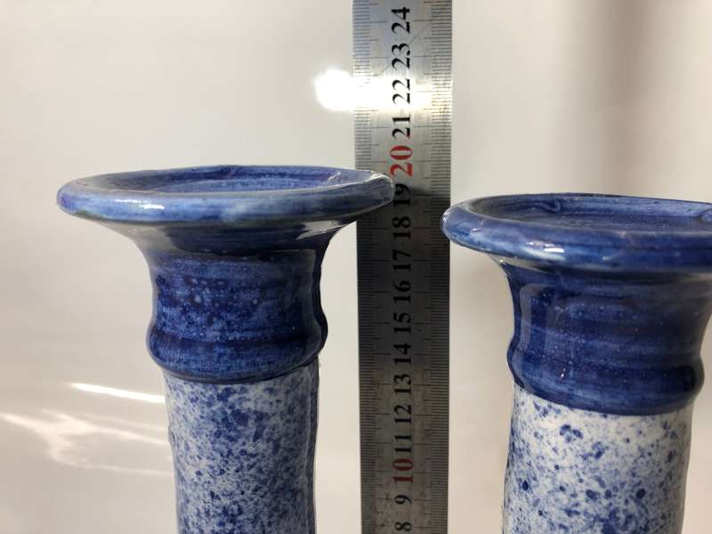 2 BLUE AND WHITE POTTERY CANDLESTICKS HOLDERS - SIGNED THE POTTER
