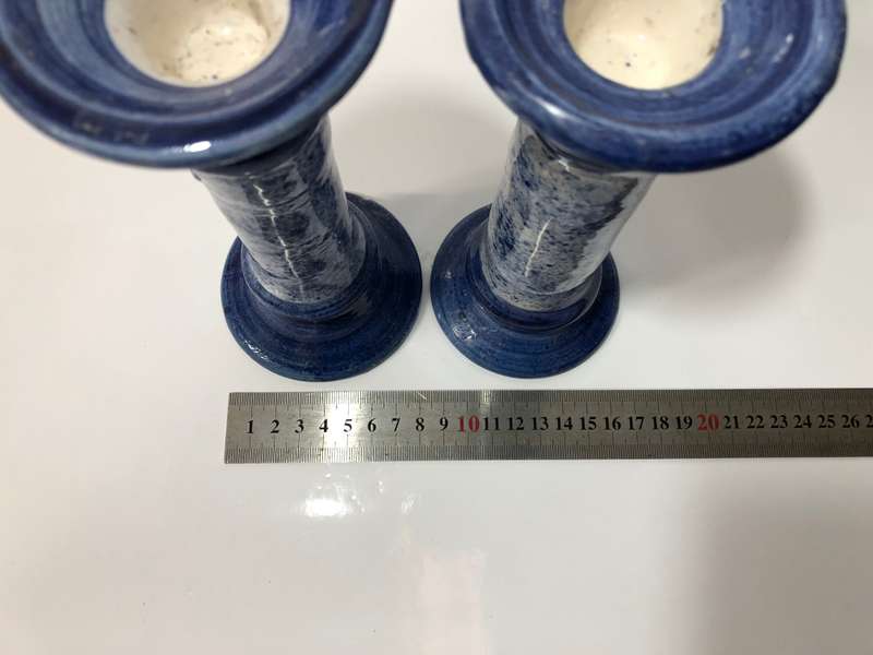 2 BLUE AND WHITE POTTERY CANDLESTICKS HOLDERS - SIGNED THE POTTER