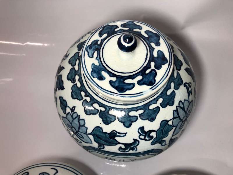 3 BLUE AND WHITE PORCELAIN JARS - PLEASE SEE ALL PHOTOS