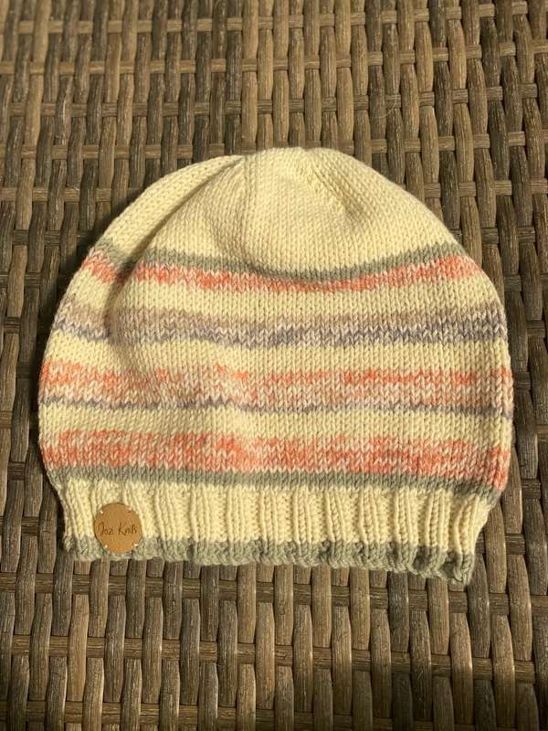 Beanie Slouchy Hand Knitted (Cream, Orange & Grey)