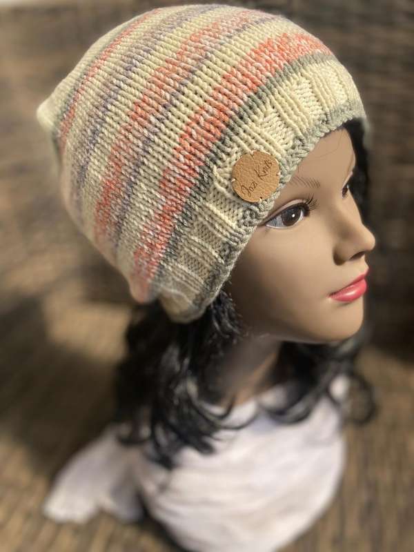 Beanie Slouchy Hand Knitted (Cream, Orange & Grey)