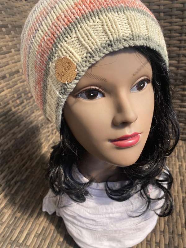 Beanie Slouchy Hand Knitted (Cream, Orange & Grey)