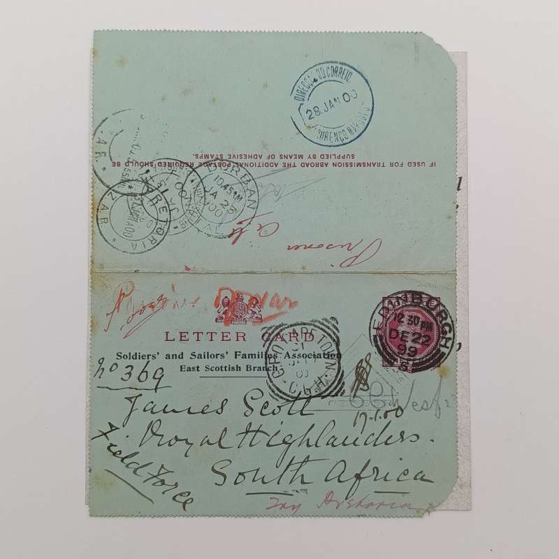 Boer War letter card from Edinburgh Scotland to Pretoria South Africa through Cape Town Durban