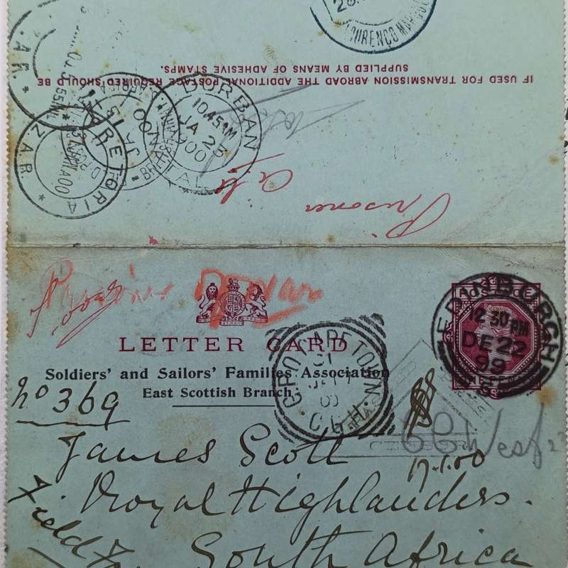 Boer War letter card from Edinburgh Scotland to Pretoria South Africa through Cape Town Durban
