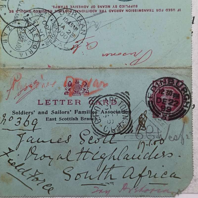 Boer War letter card from Edinburgh Scotland to Pretoria South Africa through Cape Town Durban