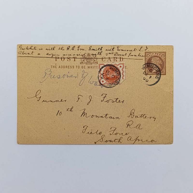 Postal history 1 December 1899 postcard to British P.O.W from Wimborne England