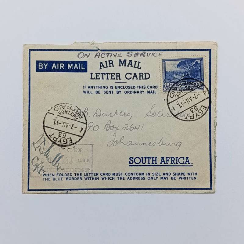Postal Hist - South Africa 1941 Airmail letter card from Egypt to South Africa