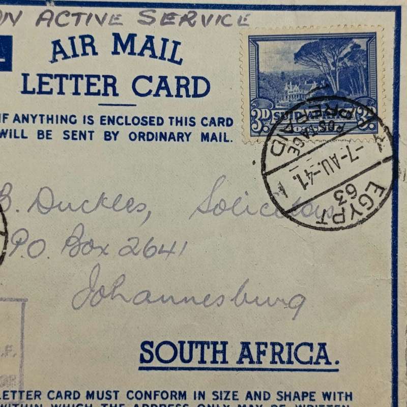 Postal Hist - South Africa 1941 Airmail letter card from Egypt to South Africa