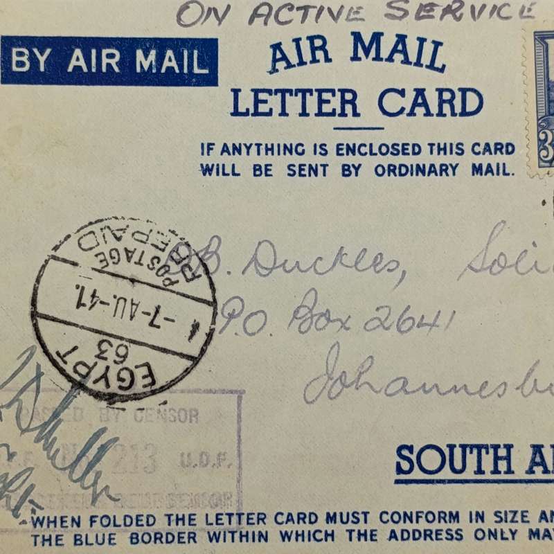 Postal Hist - South Africa 1941 Airmail letter card from Egypt to South Africa