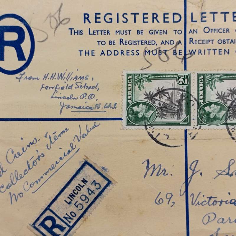 Jamaica 1954 Registered letter from Lincoln, Jamaica to Parow, South Africa