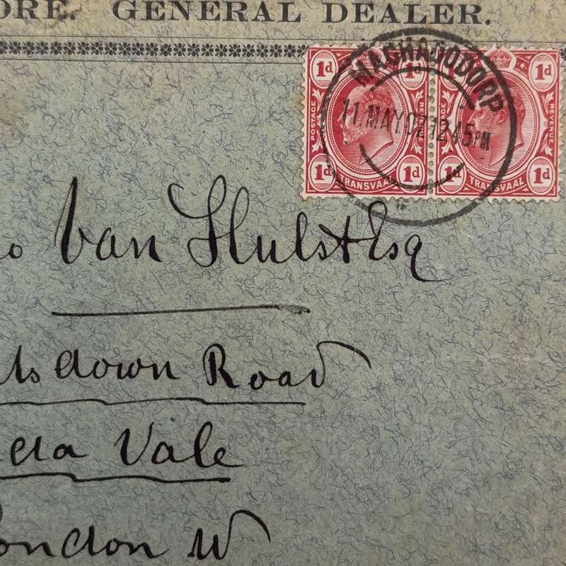 Letter Machadodorp to London, Great Britian May 1907 on printed Bottle State General Dealer envelope
