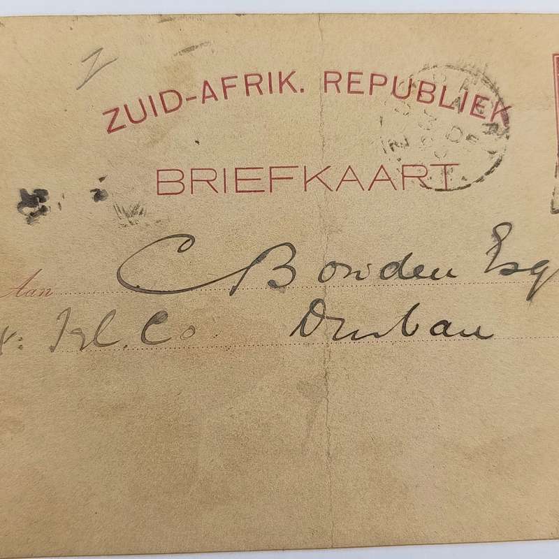 ZAR Briefkaart Utrecht to Durban, Natal 1890 with triangular Utrecht cancellation