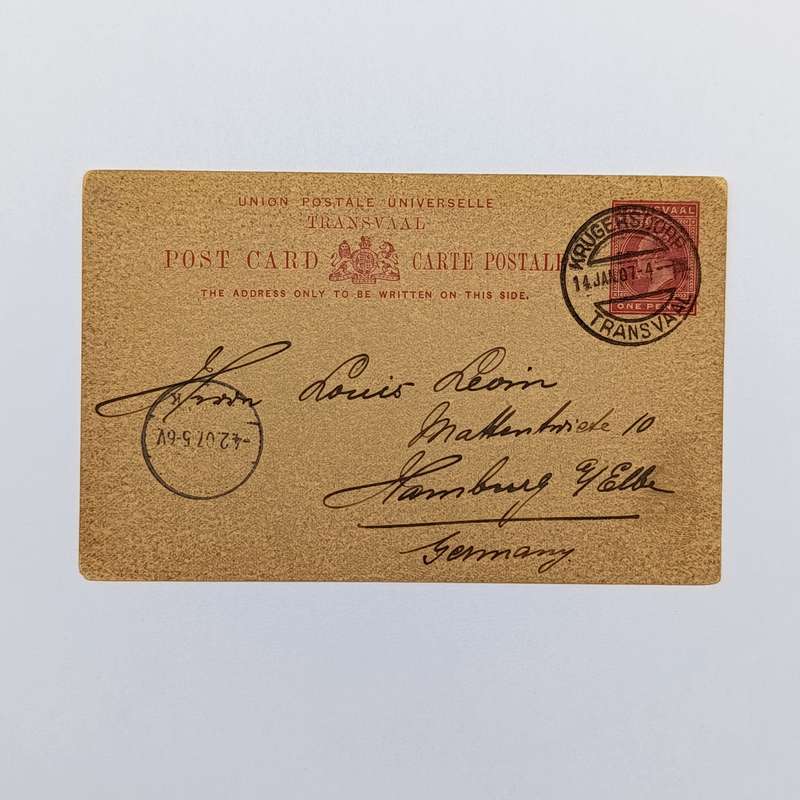 Postcard from Krugersdorp Transvaal to Hamburg Germany 14 January 1907
