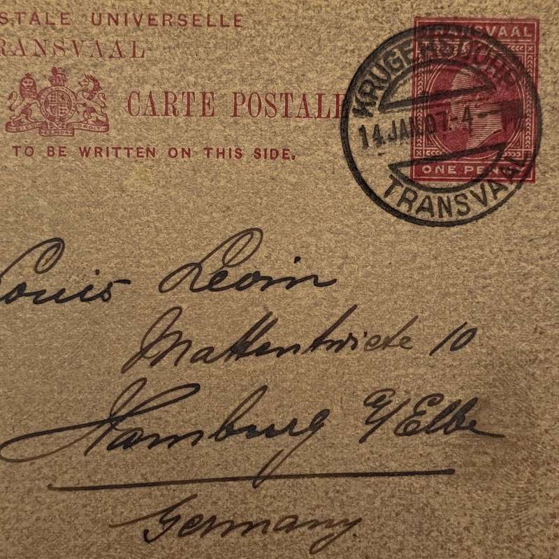 Postcard from Krugersdorp Transvaal to Hamburg Germany 14 January 1907