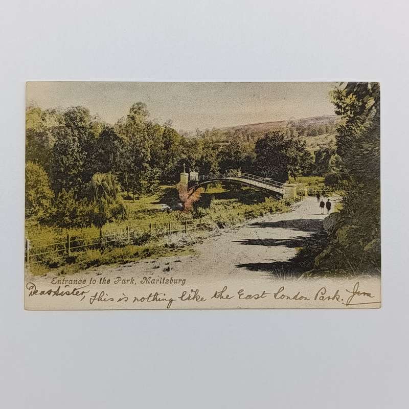 Postcard with bridge in Maritzburg Park picture from Pietermaritzburg South Africa to East London