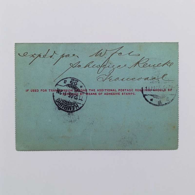 Letter card from Schweizen Reneke (Transvaal) to Hamburg Germany 16 Nov 1905 with 1d Transvaal stamp