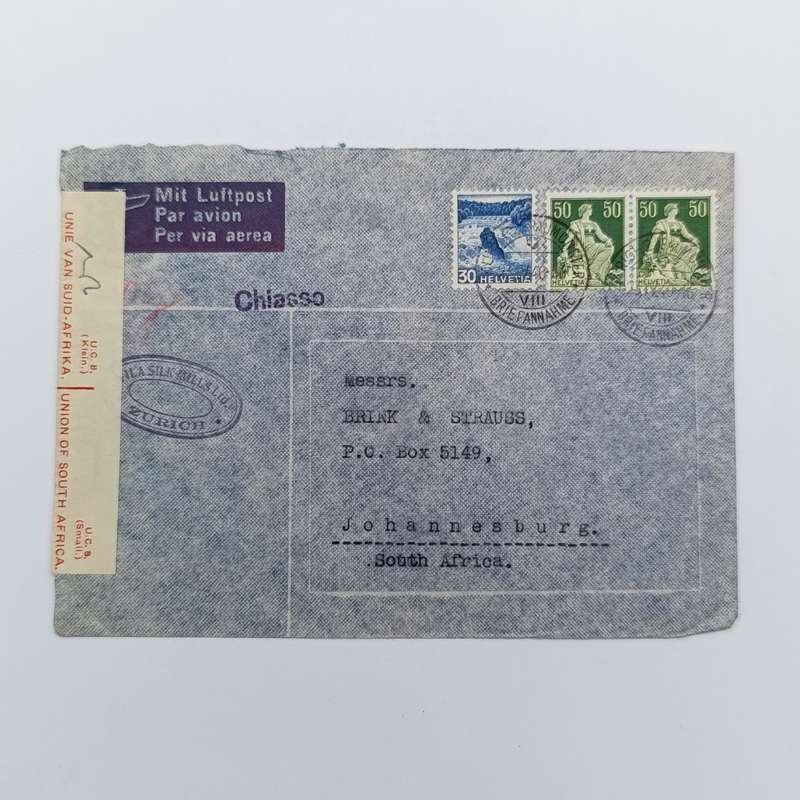 Airmail letter from Zurich Switzerland to Johannesburg South Africa - with censor sticker