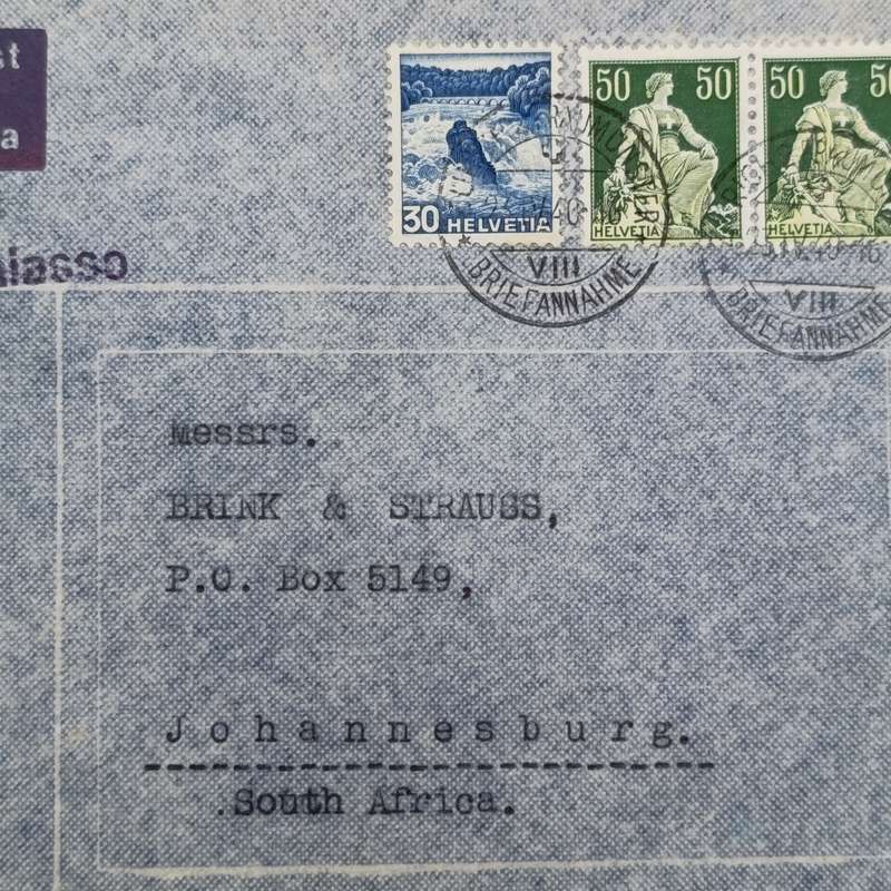 Airmail letter from Zurich Switzerland to Johannesburg South Africa - with censor sticker