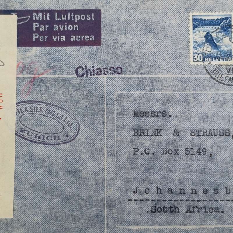 Airmail letter from Zurich Switzerland to Johannesburg South Africa - with censor sticker