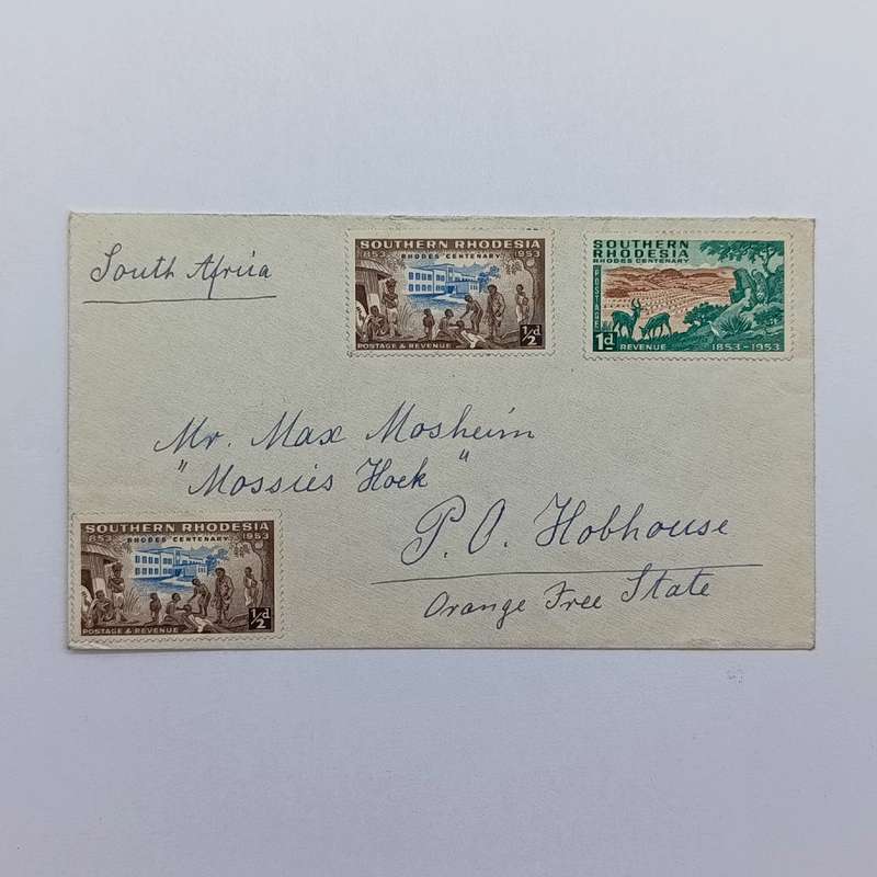 Postal History Salisbury Southern Rhodesia to Hobhouse, Free State with 3 Southern Rhodesia stamps