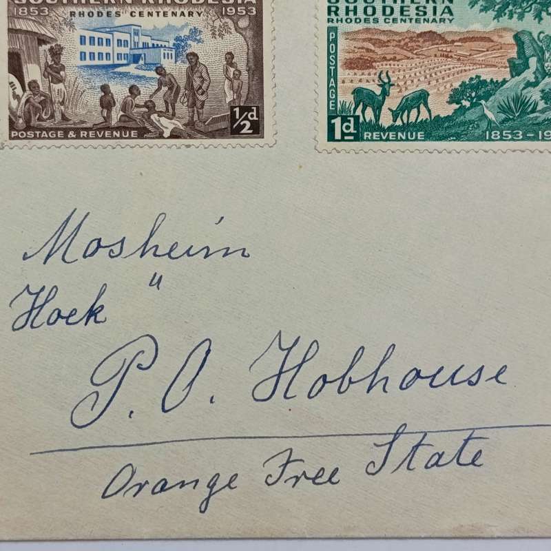 Postal History Salisbury Southern Rhodesia to Hobhouse, Free State with 3 Southern Rhodesia stamps