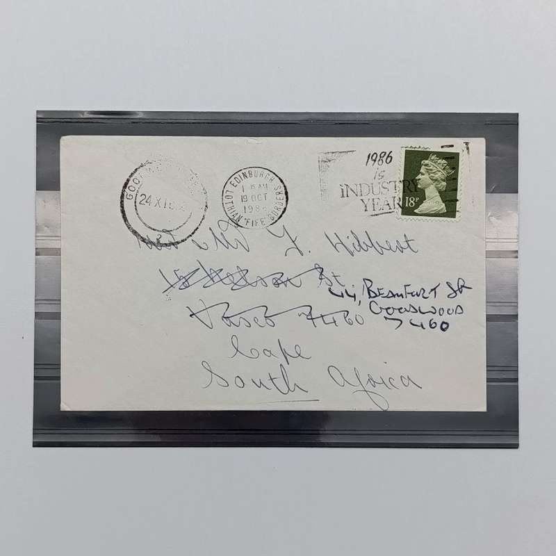 1986 Cover Edinburgh Scotland to Vasco South Africa, readressed to Goodwood with 18p British stamp