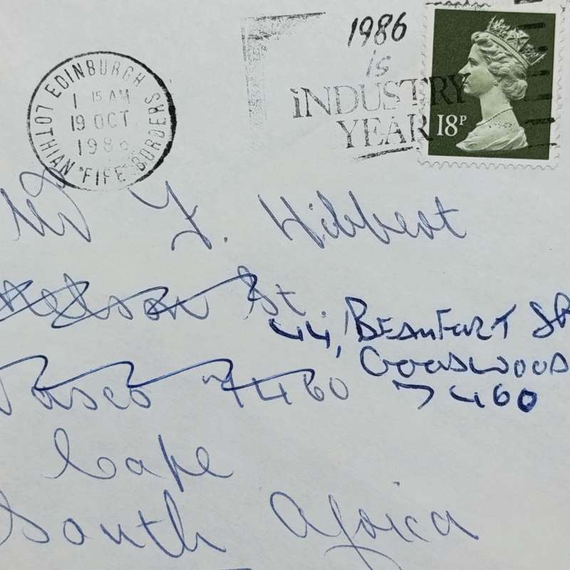 1986 Cover Edinburgh Scotland to Vasco South Africa, readressed to Goodwood with 18p British stamp