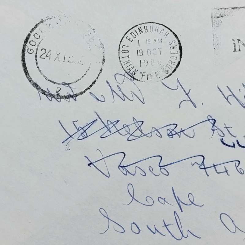 1986 Cover Edinburgh Scotland to Vasco South Africa, readressed to Goodwood with 18p British stamp