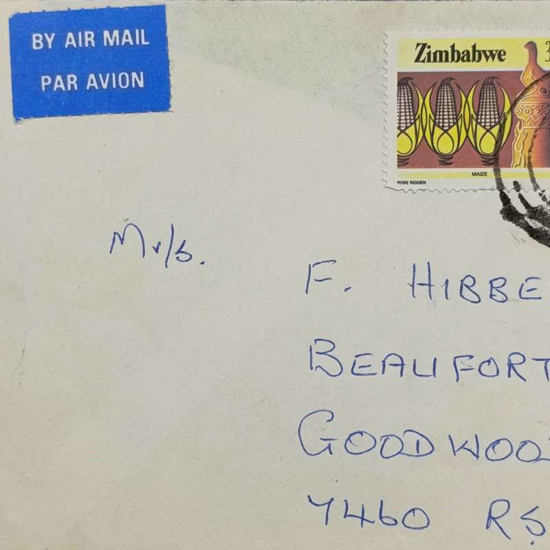 2006 Cover Mashaua Zimbabwe to Goodwood South Africa with pair of Zimbabwe stamps and airmail tag