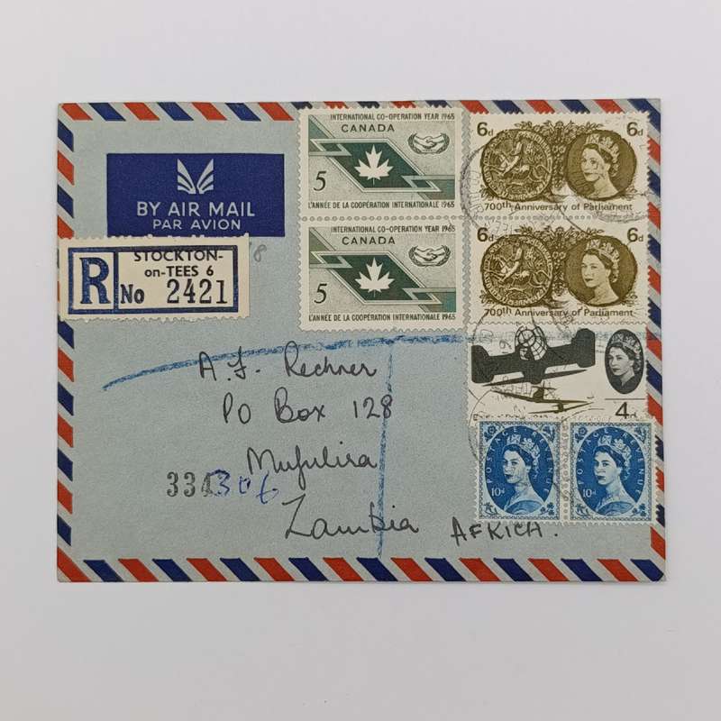 Registered airmail cover Canada to Zambia 1966 backstamped Mufulira & Ndola with 7 Canadian stamps
