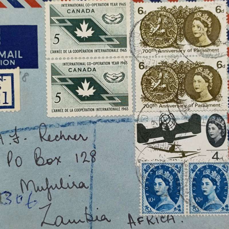 Registered airmail cover Canada to Zambia 1966 backstamped Mufulira & Ndola with 7 Canadian stamps