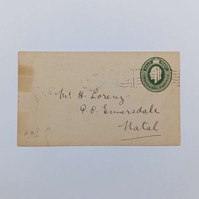 Postal History Cover Ladysmith Natal to Emmersdal Natal on Transvaal pre-printed envelope