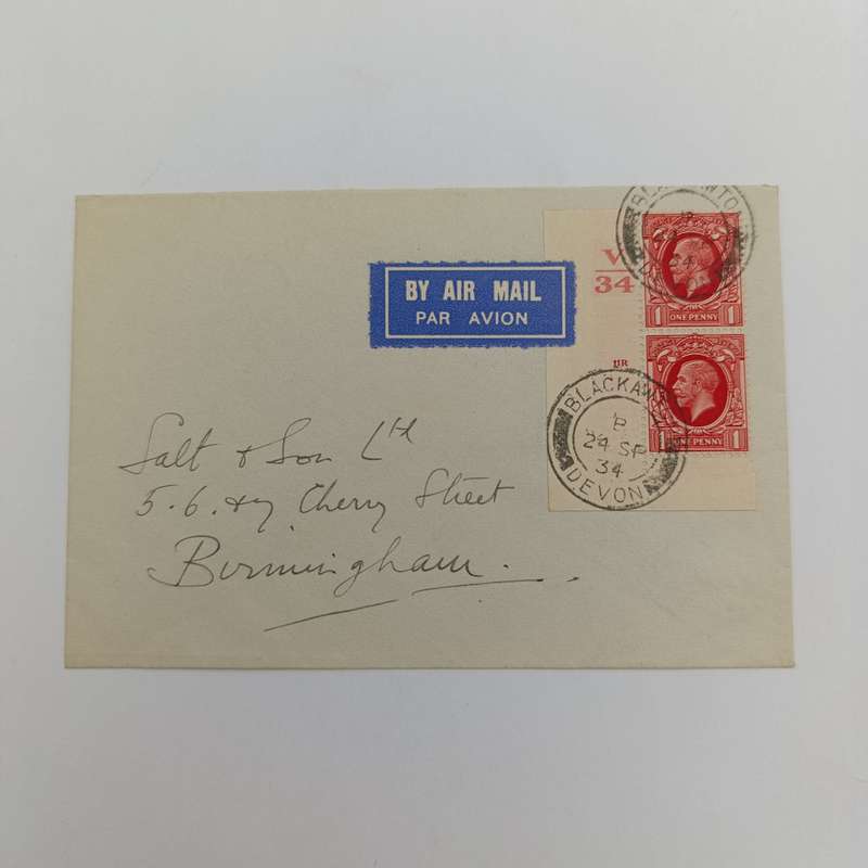Air mail cover Blackawton Devon to Birmingham with 1 penny control pair cancelled 24 Sept 1934