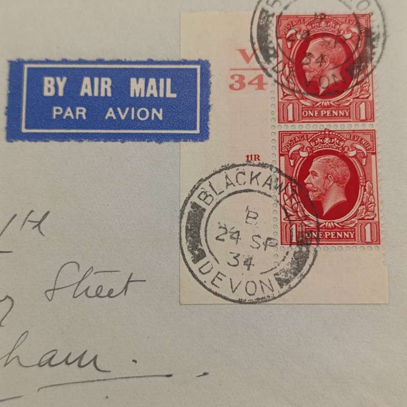 Air mail cover Blackawton Devon to Birmingham with 1 penny control pair cancelled 24 Sept 1934
