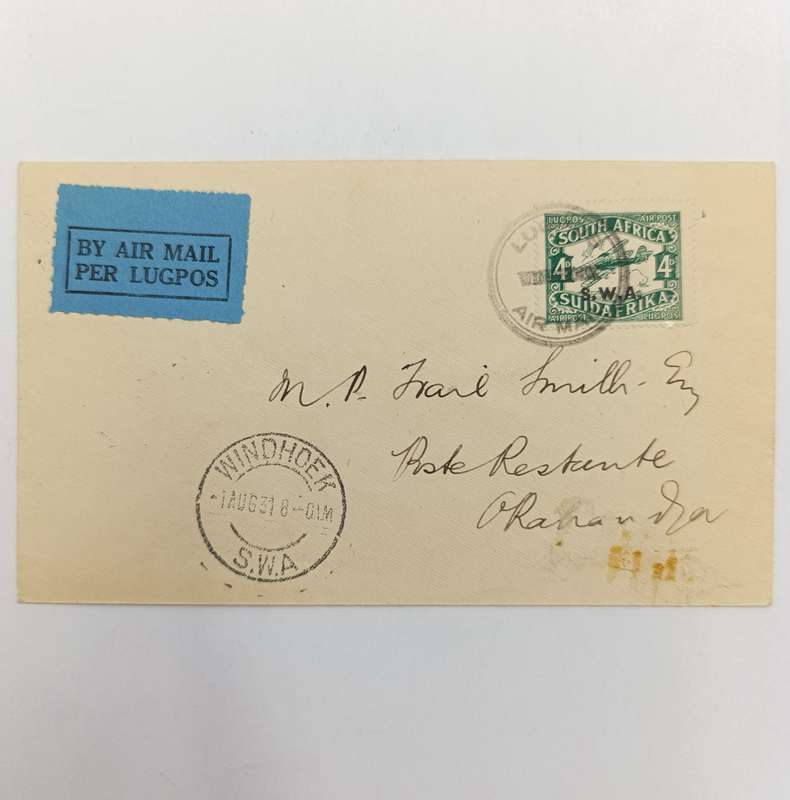 Air Mail cover First flight Windhoek to Okahandja 1 August 1931 with SACC 99 stamp