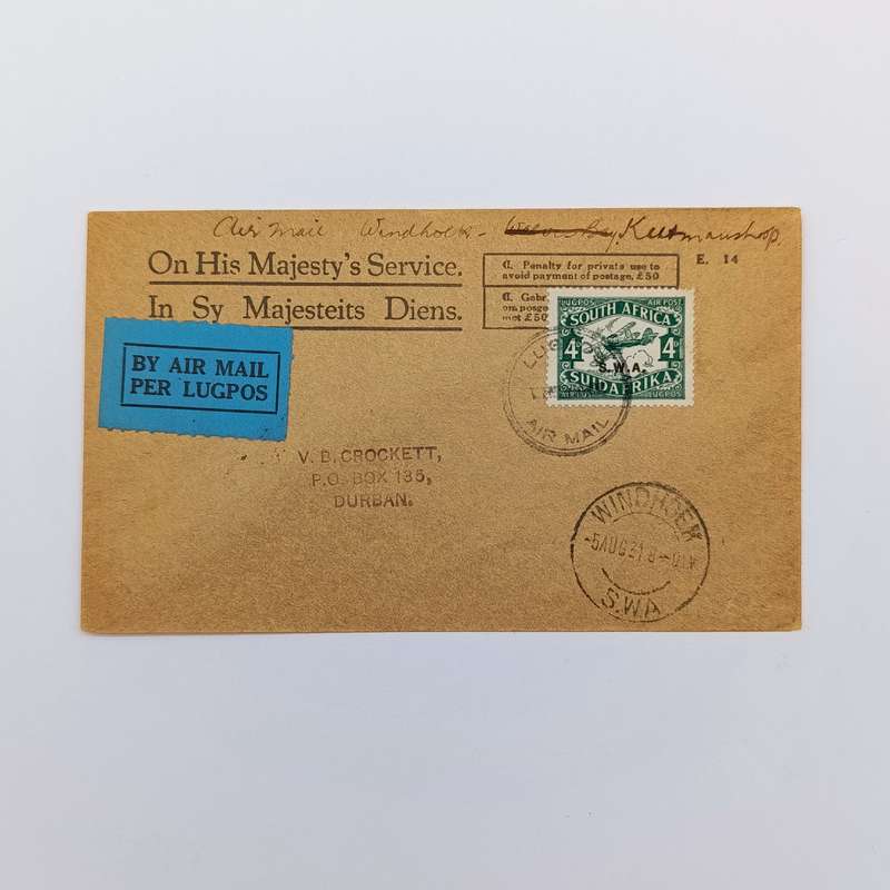 Official airmail cover from Windhoek SWA to Durban South Africa via Keetmanshoop SWA
