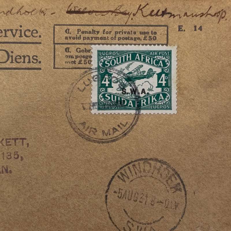 Official airmail cover from Windhoek SWA to Durban South Africa via Keetmanshoop SWA