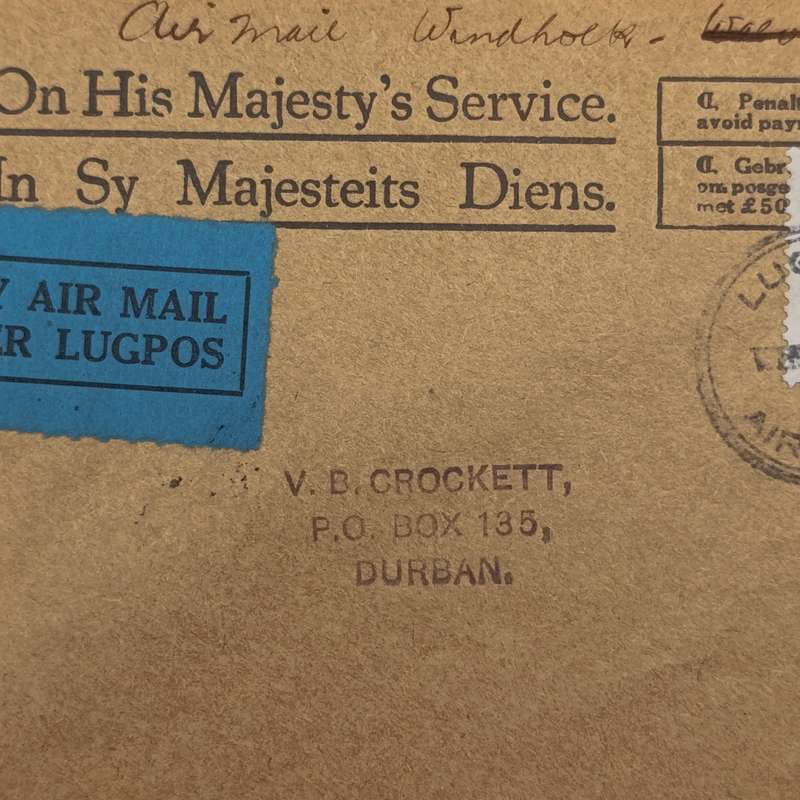 Official airmail cover from Windhoek SWA to Durban South Africa via Keetmanshoop SWA