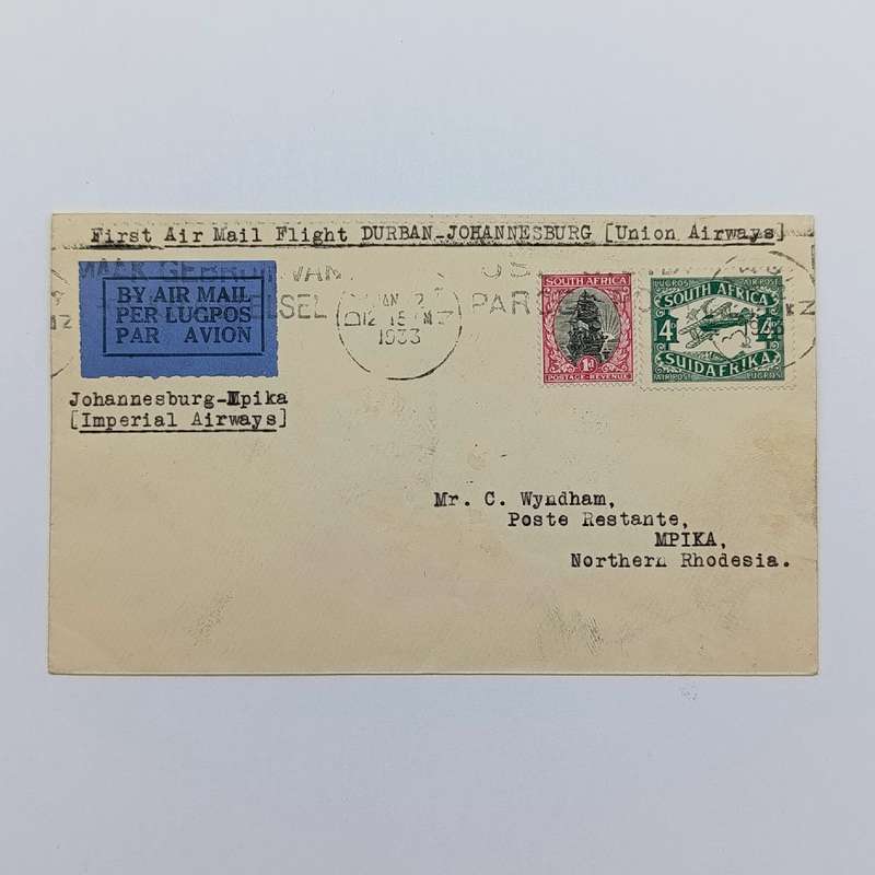 First Airmail flight cover Durban South Africa to Mpika Northern Rhodesia via Johannesburg