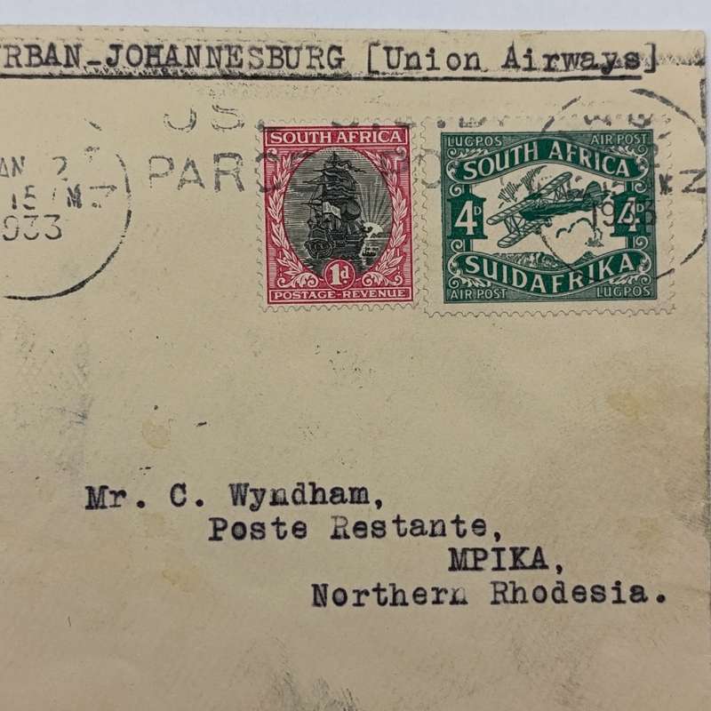 First Airmail flight cover Durban South Africa to Mpika Northern Rhodesia via Johannesburg